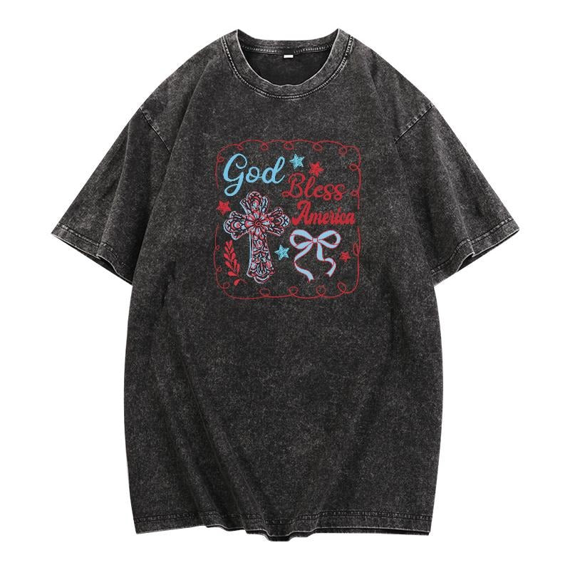 Retro - styled Washed Bless - America Tee: Rock the "God Bless America" Motif with a Vintage - inspired Design on a Washed T