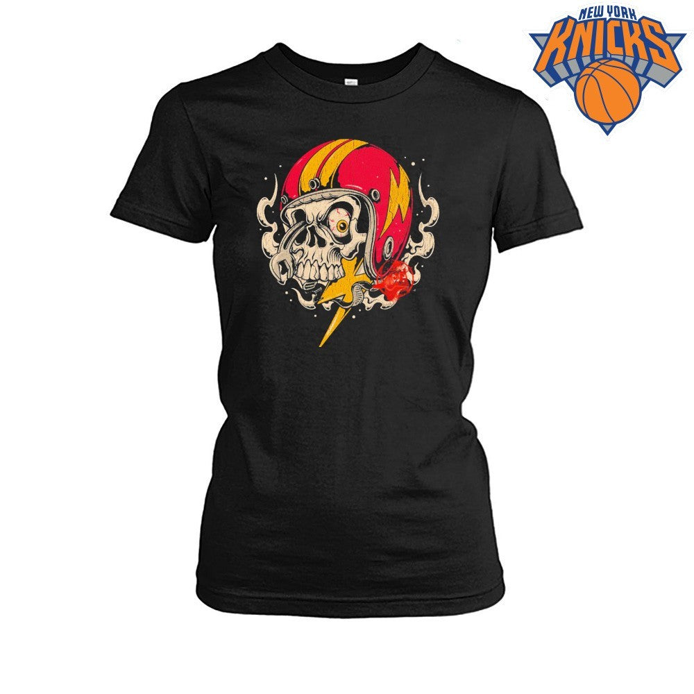 Retro Biker Skull Wearing Pink Lightning Motorcycle Helmet Grunge Graphic Shirt