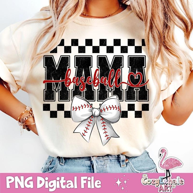 Retro Checkered Baseball Mama T-Shirt, Coquette Game Day Baseball Mom T-Shirt, Trendy Baseball Original Art for Baseball...
