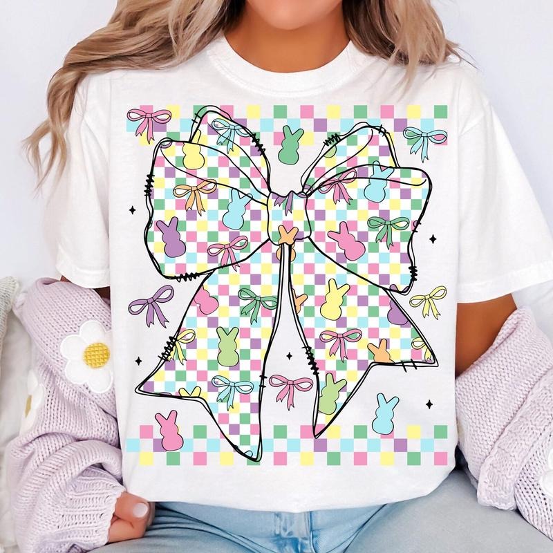Retro Checkered Easter Coquette Bow T-Shirt, Easter Bow Shirt, Bunny Spring T-Shirt Hoodie, Sweatshirt | HypeDripTees.com