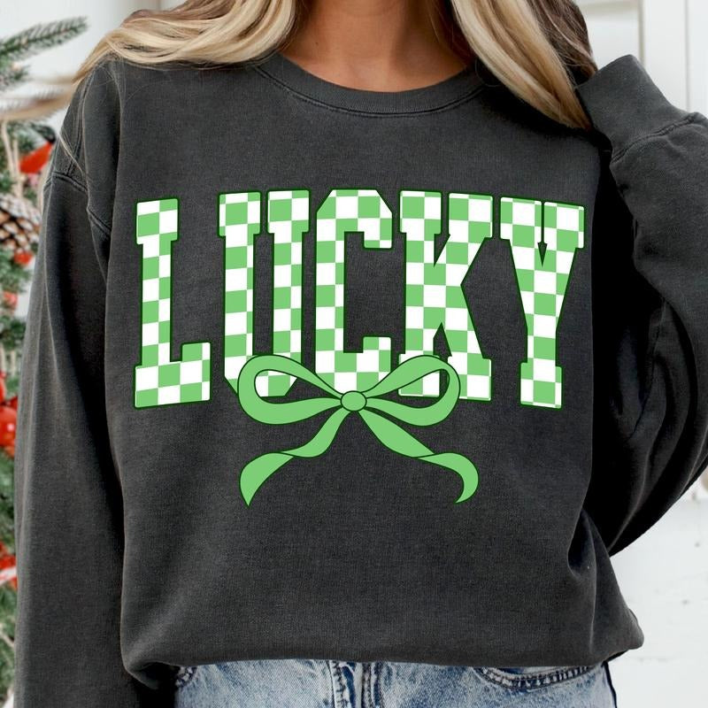 Retro Checkered Lucky St Patrick's Day Coquette Sweatshirt, St Patricks Day Lucky Shirt Hoodie | HypeDripTees.com