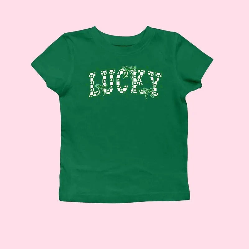 Retro Checkered St Patrick's Day Coquette Baby Tee, Lucky Shirt, St Patty's Day Varsity Shirt, Shamrock Shirt, St Patrick...