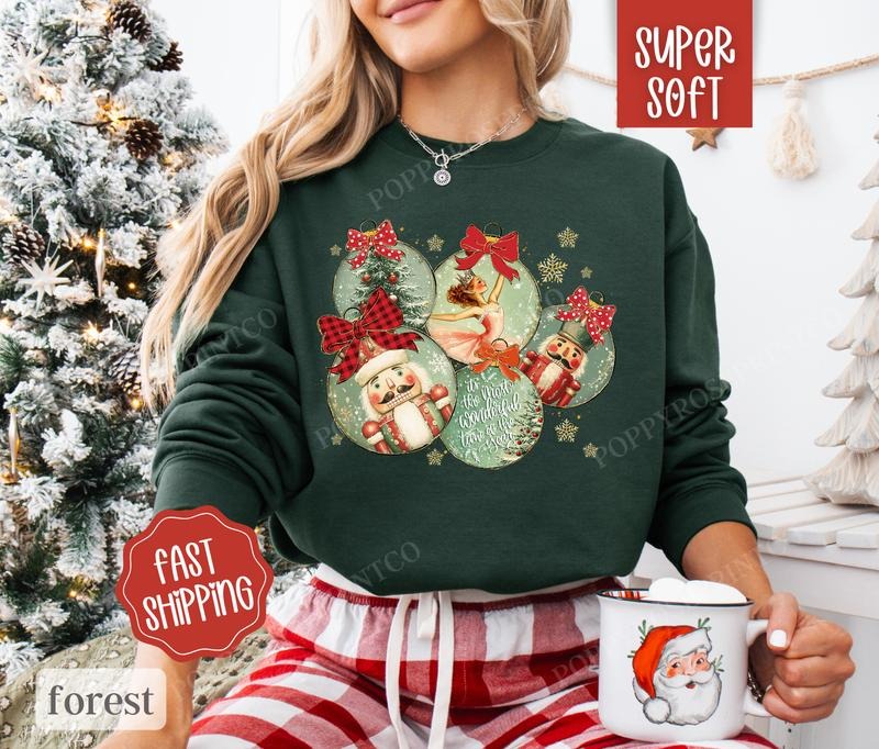 Retro Christmas Ornament Sweatshirt, Cute Christmas Sweater, Women's Holiday Crewneck T-Shirts, Hoodie | HypeDripTees.com