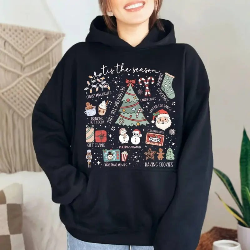 Retro Christmas Shirt, Tis The Season Christmas Sweatshirt, Cute Santa Holiday Hoodie, Trendy Festive, Hot Cocoa, Unisex...
