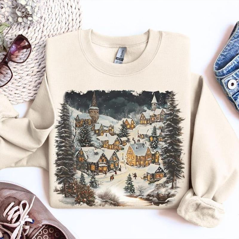 Retro Christmas Village Sweatshirt, 90s Winter Cabin Crewneck, Boho Holiday Sweater, Vintage Mountain Pine Tree Pullover,...