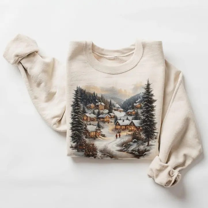 Retro Christmas Winter Village Sweatshirt - Nineties 90s Mountain Pine Trees Decorated Cabins Outfit - Boho Unisex...