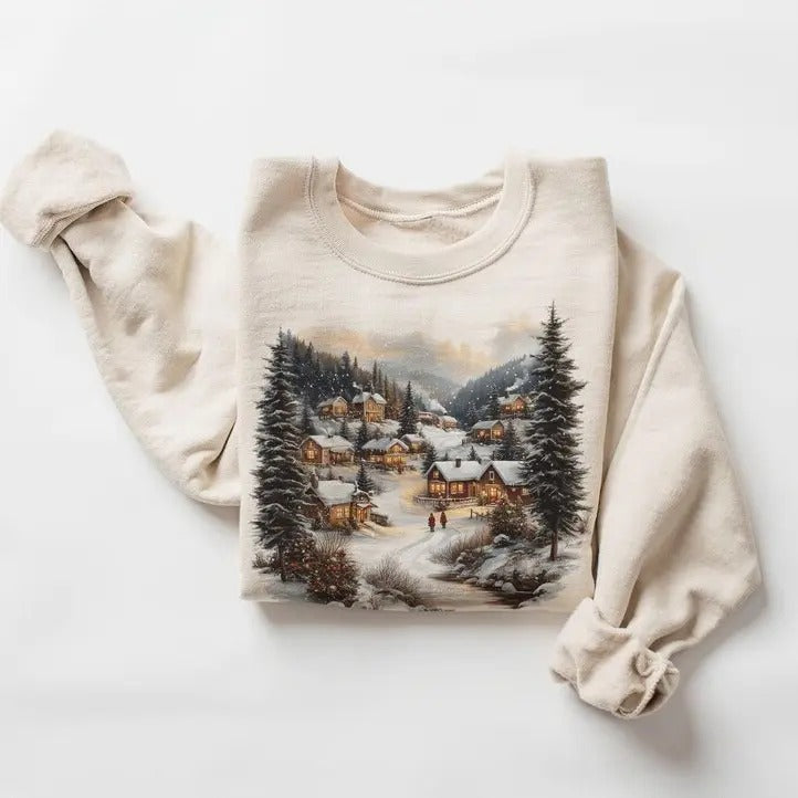 Retro Christmas Winter Village Sweatshirt - Nineties 90s Mountain Pine Trees Decorated Cabins Outfit - Boho Unisex...