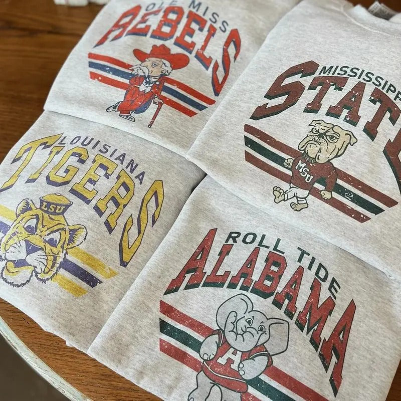 Retro College Football Mascot Crewneck Sweatshirt, Classic Menswear Tops Cotton Sweaters T-Shirts, Hoodie | HypeDripTees.com