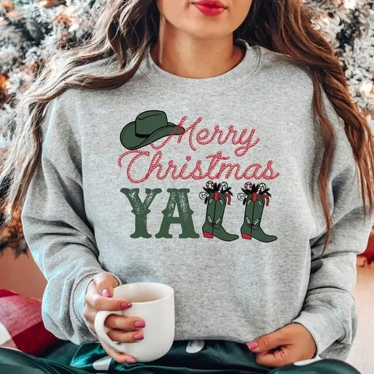 Retro Cowboy Merry Christmas Yall Western Sweater, Countryside Western, Cowgirl, Cowboy Boots Xmas Tee
