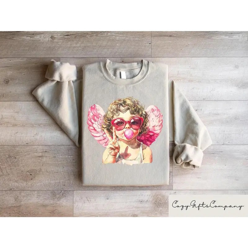 Retro Cupid Sweatshirt, Aesthetic Valentines Day Blowing Bubble Cupid Shirt, Valentines Day Sweater for Women, Cupid's...