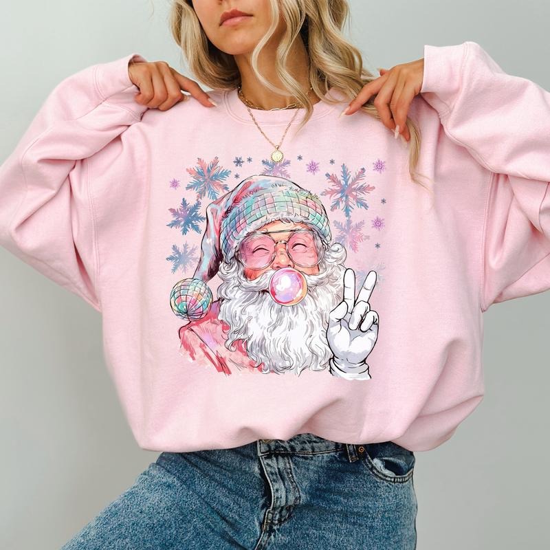 Retro Disco Santa Blowing Bubble Sweatshirt, Cute Christmas Santa Crewneck, Santa Claus Sweater, Christmas Season...