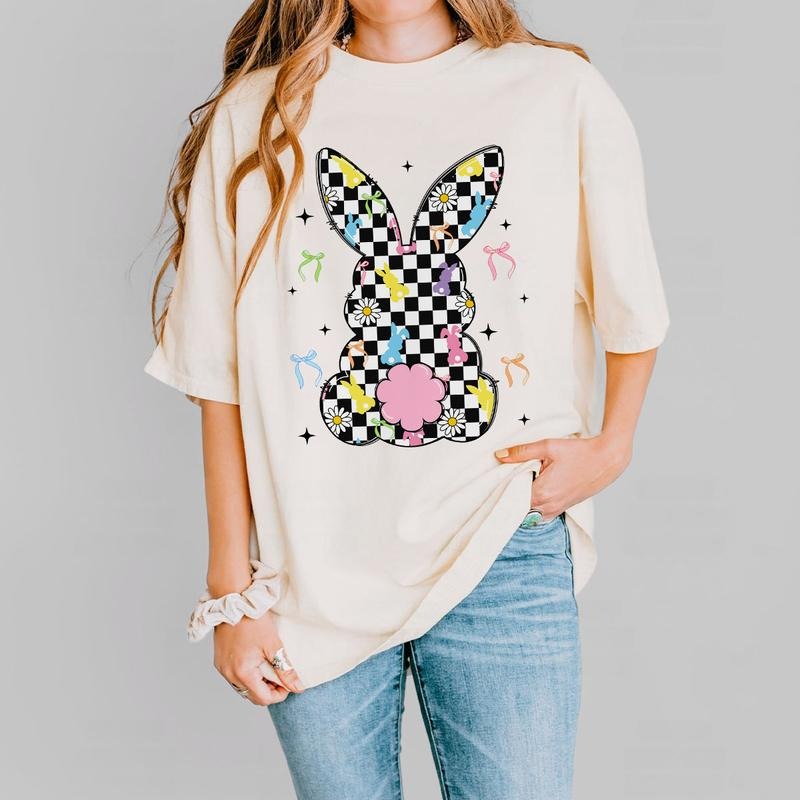 Retro Easter Bunny Shirt, Checkerboard Bunny Tee, Vintage Easter Sweatshirt for Women, Cute Spring Bunny Graphic Shirt Hoodie