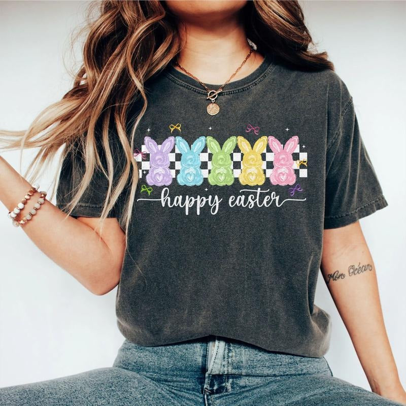 Retro Easter Bunny Shirt, Happy Easter Pastel Tee, Vintage Checkerboard Spring Shirt, Cute Easter Outfit for Women...