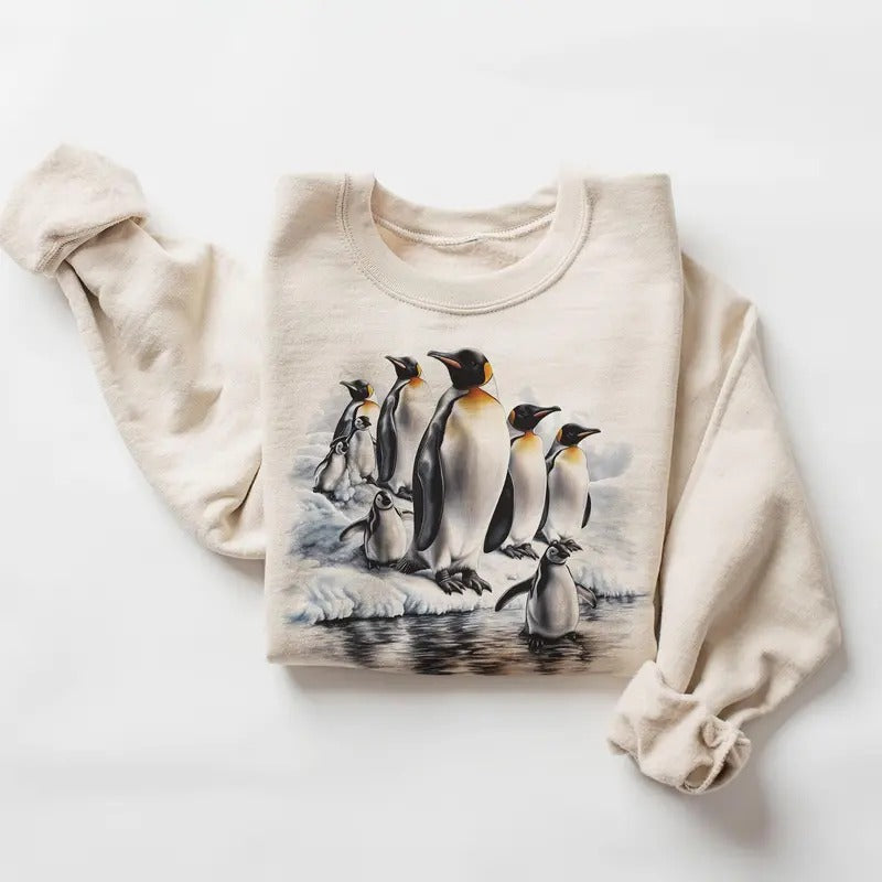 Retro Emperor Penguin Colony Sweatshirt - Nineties 90s Vintage Baby Penguins Arctic Sea Ice Scene Outfit - Boho Unisex...