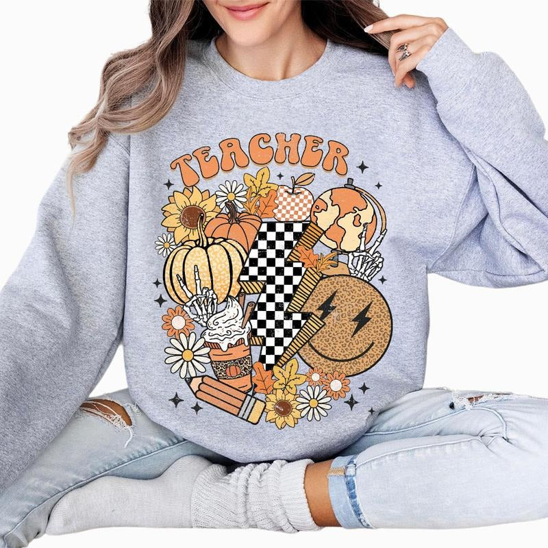 Retro Fall Teacher Shirt, Fall Vibes Teacher Sweatshirt, Vintage Pumpkin Tee, Back To School Autumn, Teacher Autumn...