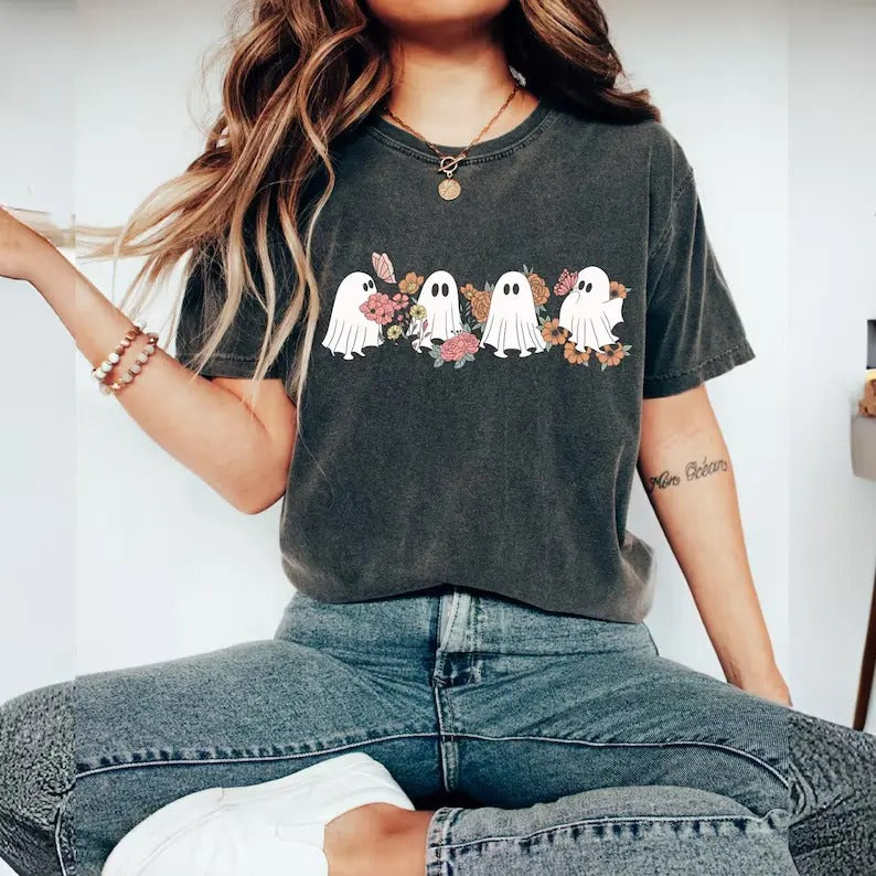 Retro Floral Ghosts Shirt, Cute Halloween Ghosts Tee, Ghosts With Flowers Shirt, Sp0oky Season Shirt, B0ujee Ghost,...