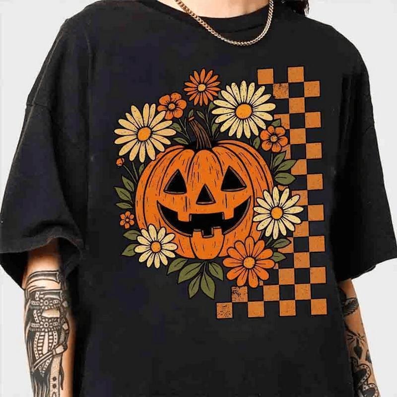 Retro Floral Pumpkin Shirt Funny Pumpkin Halloween Tee Preppy Halloween Tshirt Shirt Simple Tee for Him & Her Hoodie,...