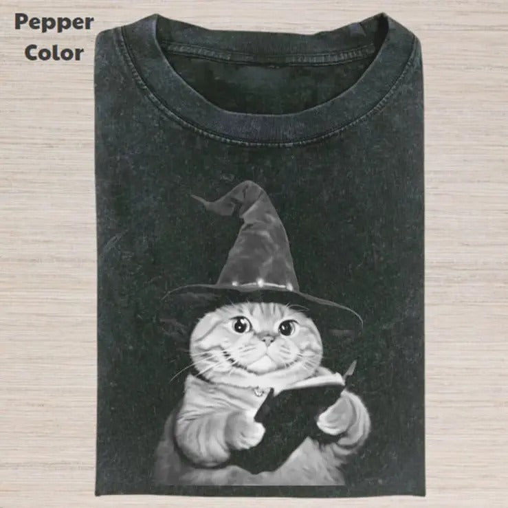 Retro Funny Vintage Graphic Tee, Wizard Cat Reading Book T-Shirt, Unisex Meme Cringe Funny Dumb Shirt, Menswear...
