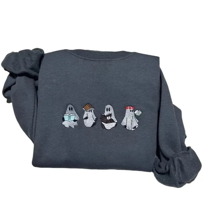 Retro Ghost  reading books embroidered sweatshirt; Halloween embroidered crewneck; Spooky season casual sweaters Casual...