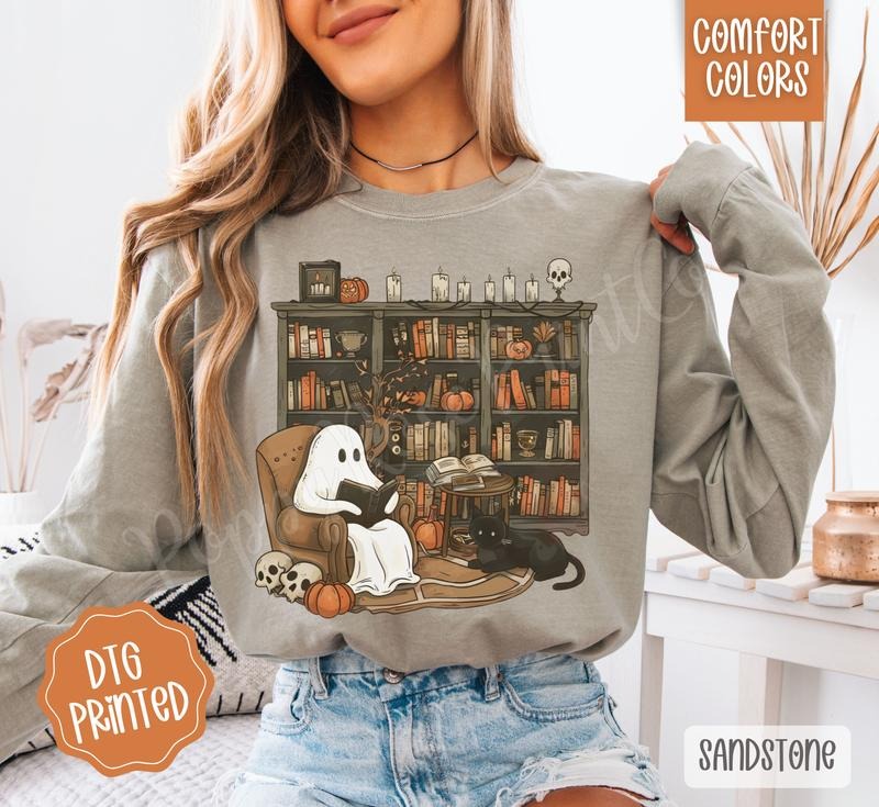 Retro Ghost Reading Books Long Sleeve TShirt, Trendy Women's Halloween Tee Hoodie, Sweatshirt | HypeDripTees.com