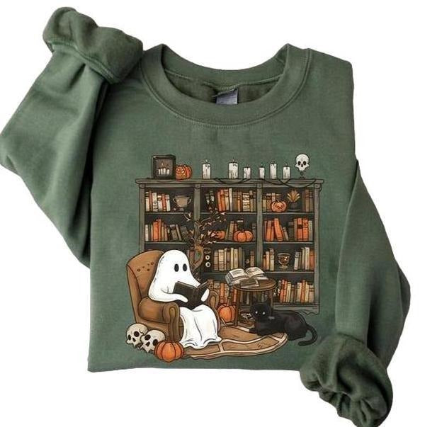 Retro Ghost Reading Books Shirt, Librarian Ghost Halloween Sweater, Halloween Teacher Sweatshirt, Ghost Halloween Shirt,...