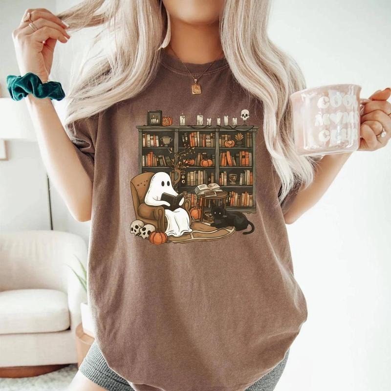 Retro Ghost Reading Books Shirt, Spooky Librarian Tee, Halloween Bookish Shirt, Ghost Bookish Tee, Cute Ghost Book Lover...