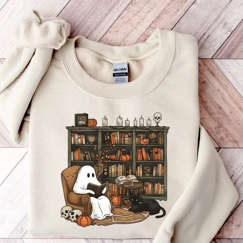 Retro Ghost Reading Books Sweatshirt Librarian Ghost Halloween Halloween Teacher Sweatshirt Halloween Shirt Teacher Gift...
