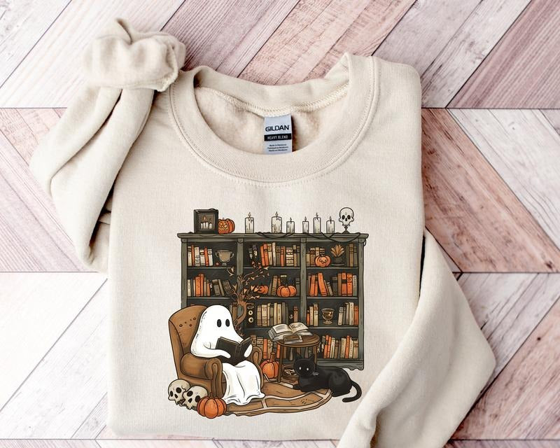 Retro Ghost Reading Books Sweatshirt Librarian Ghost Halloween Halloween Teacher Sweatshirt Halloween Shirt Teacher Gift...