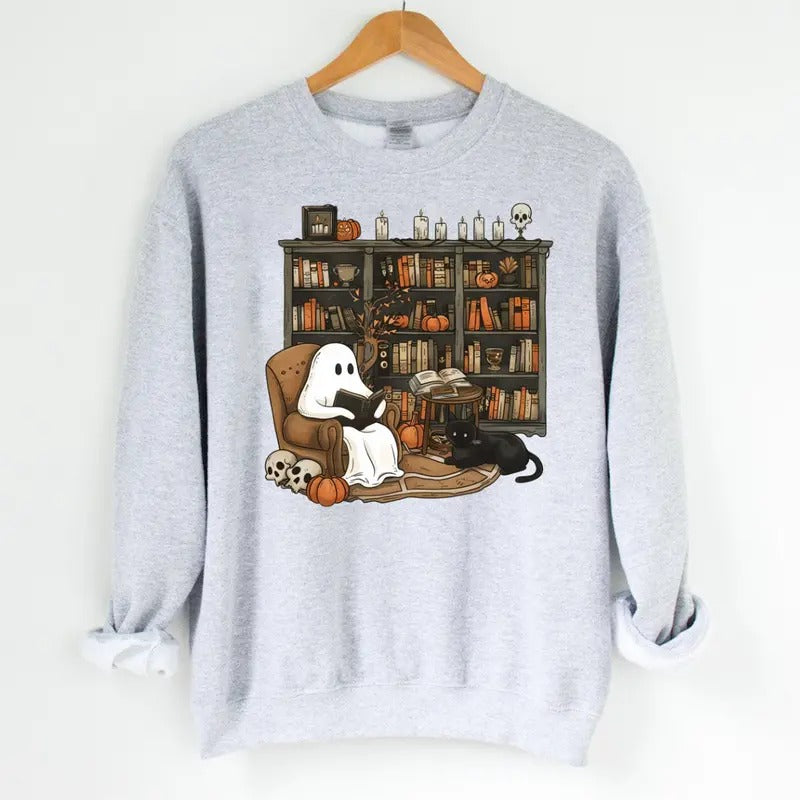 Retro Ghost Reading Books Sweatshirt, Librarian Ghost Halloween, Halloween Teacher Sweatshirt, Halloween Shirt, Teacher...