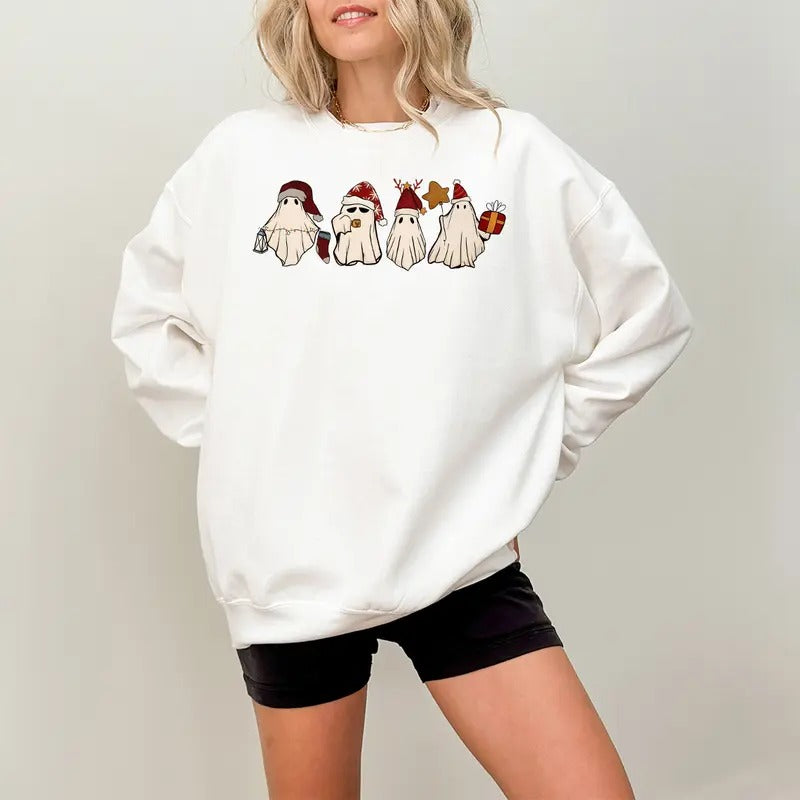Retro Ghost Santa Sweatshirt, Christmas Ghosts Sweatshirt, Christmas Sweatshirt , Cute Ghost Hoodie, Christmas Unisex...