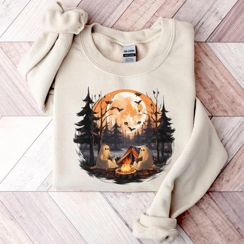 Retro Ghost Sweatshirt, Bookish Hallowee, Reading Shirt, Camping Halloween Sweatshirt, Teachers Shir, Ghost Book Reading...
