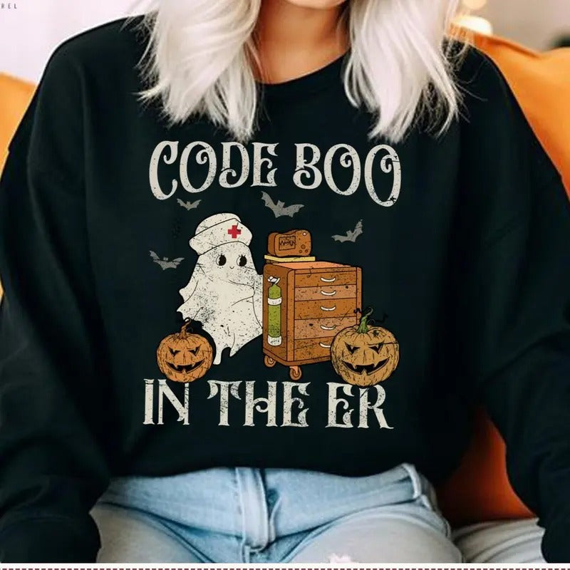 Retro Halloween Code Boo In The ER Nurse Shirt, Halloween Horror ER T-Shirt, Funny Halloween Emergency Gift for Nursing...
