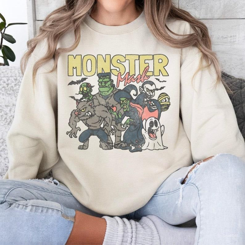 Retro Halloween Monster Mash Sweatshirt, Halloween Sweatshirt, Halloween Aesthetic, Graphic Monster Sweatshirt, Unisex...