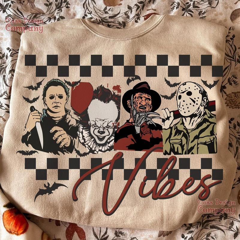 Retro Halloween Shirt, Horror Sublimation Tee, Spooky Vibes Design, Scary Movie Costume, Trendy Halloween Look Hoodie,...