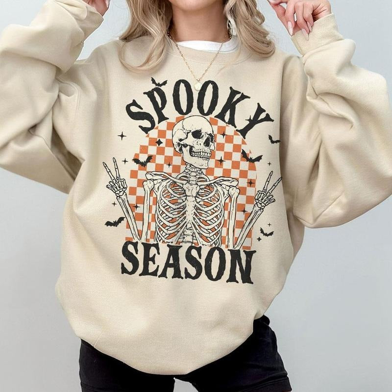 Retro Halloween Sweatshirt, Spooky Season Skeleton Checkered Shirt, Cute Halloween Shirts For Women, Spooky Season...