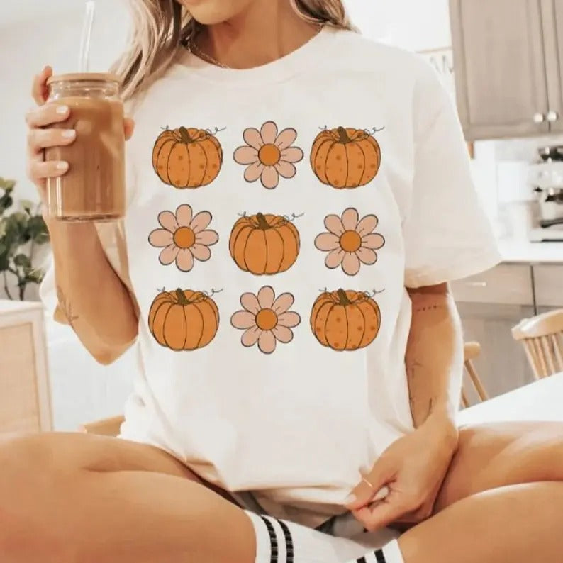 Retro Halloween T-shirt  Pumpkin And Flower T-Shirt  Ghost Halloween T-Shirt Retro Fall Gift For Her Classic Cotton Shirt...