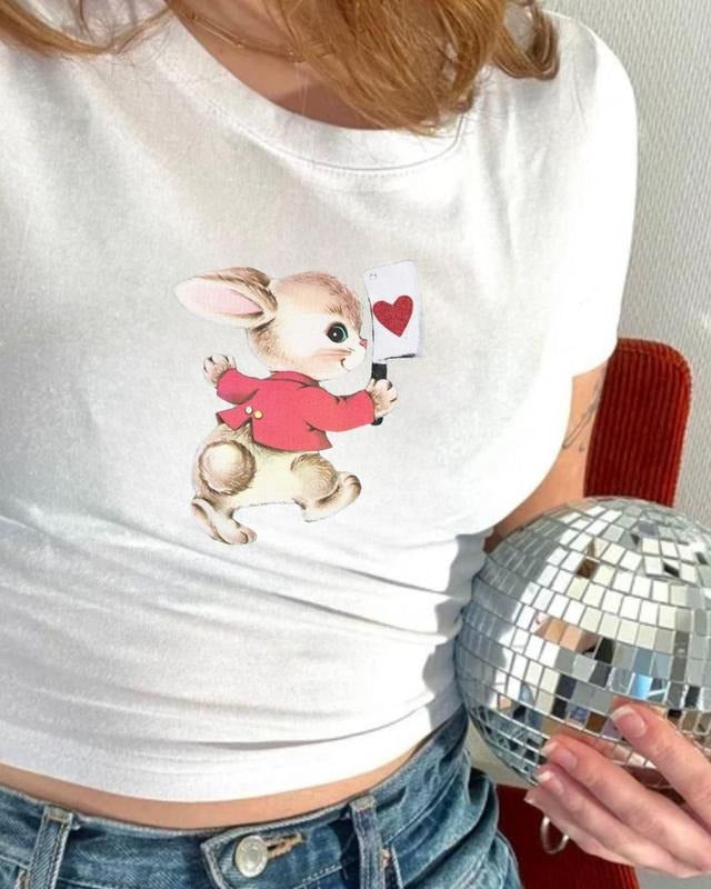 Retro Heart Bunny Baby Tee, 90s Clothing, Coquette Aesthetic, Vintage Graphic, Y2K Shirt, Cute Baby Tee, Valentine Baby...