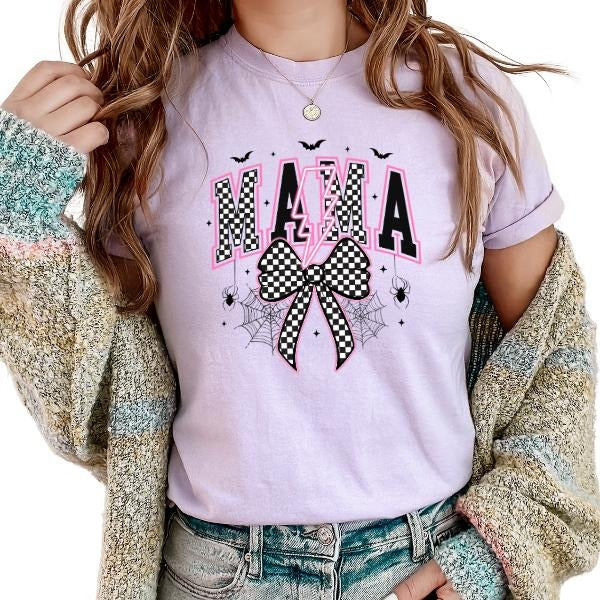 Retro-Inspired 'Mama' Checkered Print T-Shirt with Bats & Lightning Bolt - Vintage Washed, Unisex Sizing Small to 4X