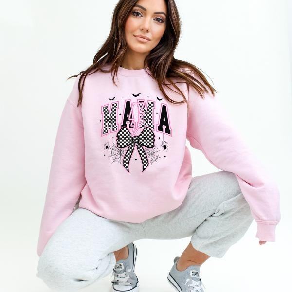 Retro-Inspired Unisex Crewneck Sweatshirt - 'Mama' Checkered Print with Bats & Lightning Bolt, Halloween Vibes, Spooky...