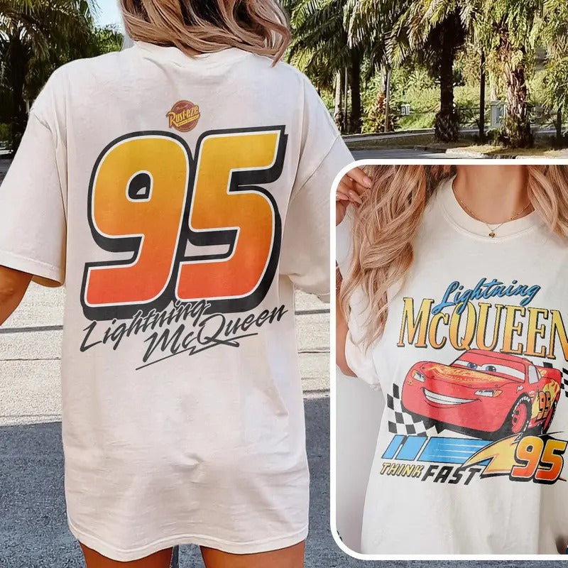 Retro Lightning McQueeen 2 Side Shirt, Lightning McQueeen 95 Shirt, Piston Cup Cars Land Shirt Comfort Fabric Hoodie,...