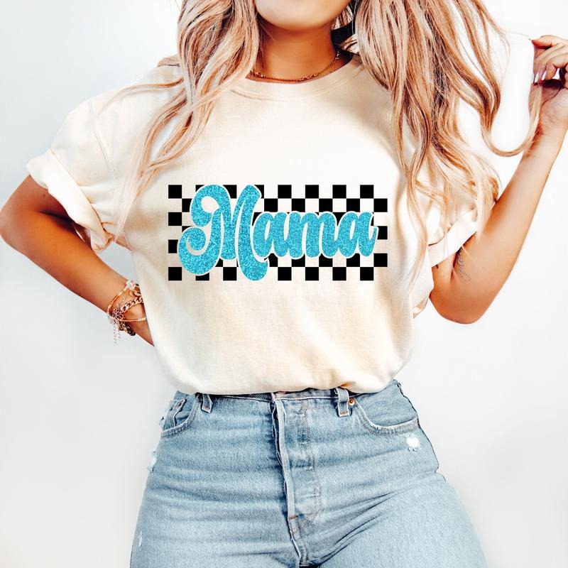 Retro Mama T-Shirt, Blue Mom T-Shirt, Retro Checkered T-Shirt, Trendy Mom Shirt Design Hoodie, Sweatshirt | HypeDripTees.com