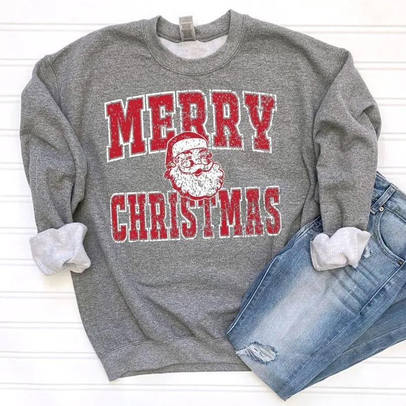 Retro Merry Christmas Santa sweatshirt, cozy cotton crewneck for women, stylish festive top, perfect Xmas gift, comfy...