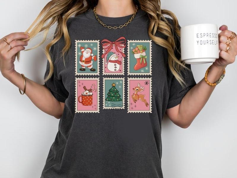 Retro Merry Christmas Shirt For Women, Vintage Santa Postage Stamp TShirt, Cute Winter Holiday Xmas, Tis The Season Tee...