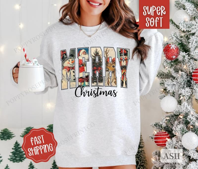 Retro Merry Christmas Sweatshirt, Cute Christmas Sweater, Women's Holiday Crewneck T-Shirts, Hoodie | HypeDripTees.com