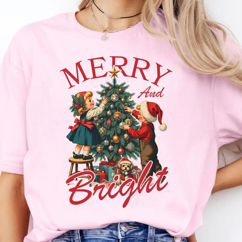 Retro Merry and Bright Santa Tshirt Vintage Merry and Bright Christmas Sweatshirt Womens Christmas Holiday Tshirt Retro...