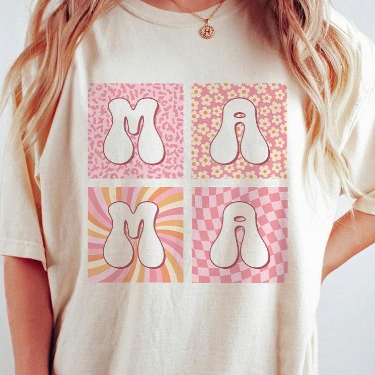 Retro Mom Comfort Colors Shirt, Retro Boho Mama T-Shirt, Checkered Mama Tee, Boho Floral Mama Shirt, Groovy Flower Mom...