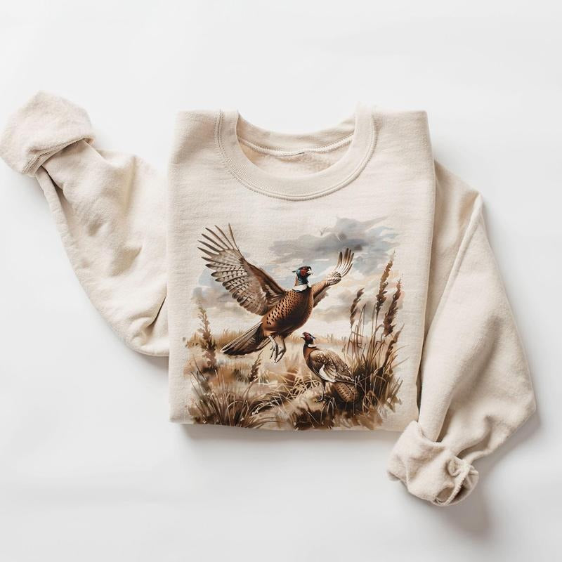 Retro Pheasant Bird Wilderness Scene Sweatshirt - 90's Vintage Game Birds Outfit - Boho Unisex Crewneck Sweatshirt...