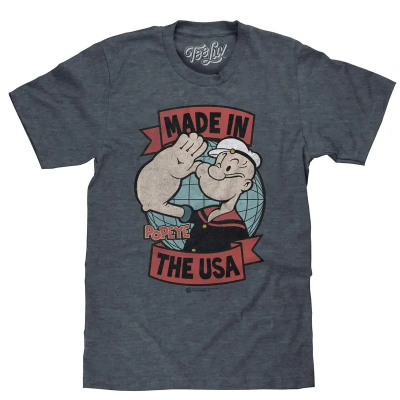 Retro Popeye Made in the USA T-Shirt - Indigo Heather Hoodie, Sweatshirt | HypeDripTees.com