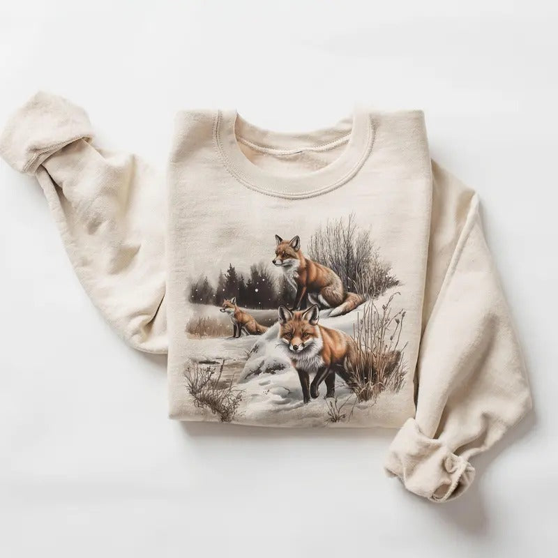 Retro Red Foxes Winter Scene Sweatshirt - 90s Fox Snowy Forest Wilderness Outfit - Boho Unisex Crewneck Sweatshirt...