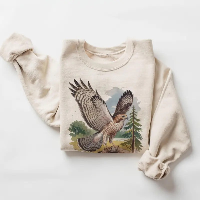 Retro Red Tailed Hawk Wings Spread Birding Sweatshirt - 90s Vintage Birds Of Prey Forest Nature Scene - Boho Unisex...